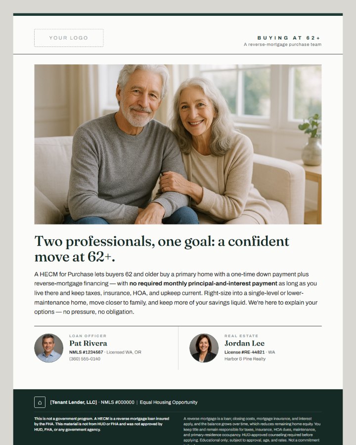A co-branded flyer generated in ORA's Asset Studio — pairing the loan officer with a real-estate partner, on the LO's brand, with full compliance disclosures (shown with sample data).