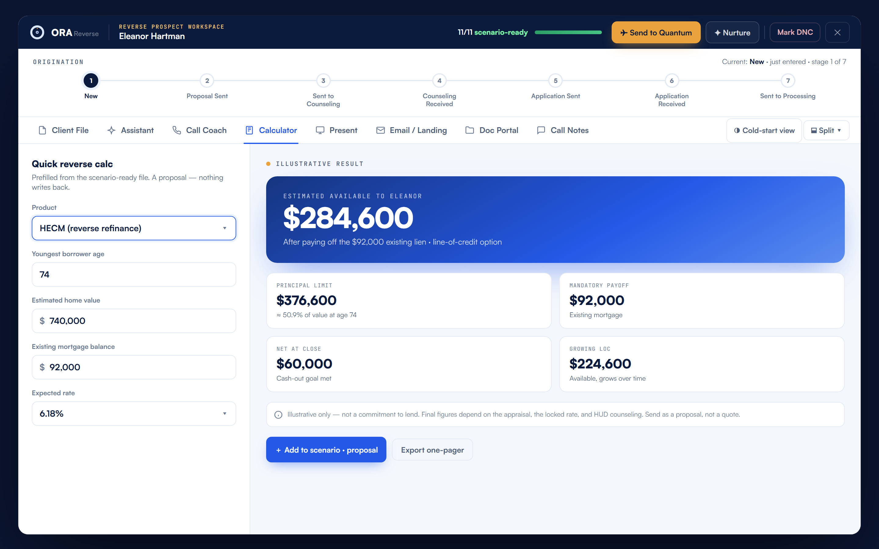 ORA product calculator — a HUD-aligned quick calc with an illustrative available-funds estimate (shown with sample data).