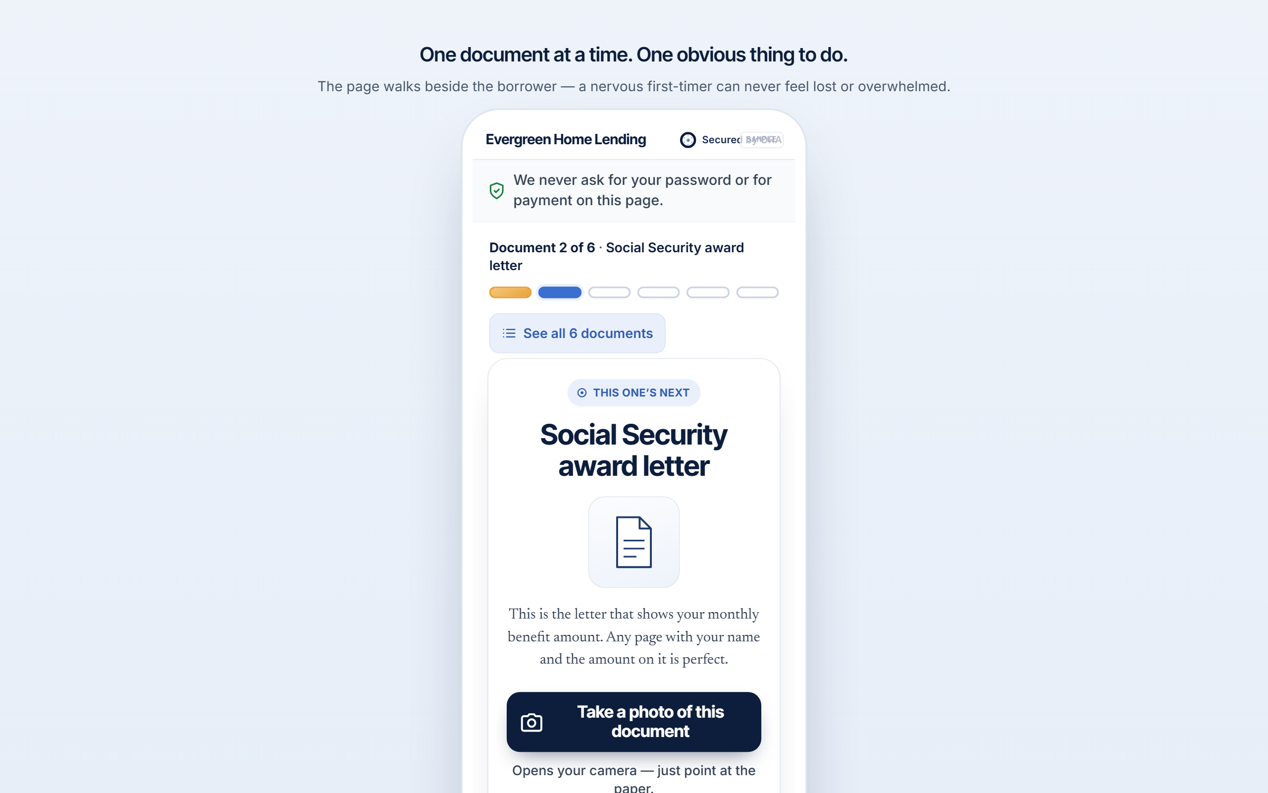 ORA borrower document portal — a guided magic-link upload flow showing requested, received, and outstanding documents (shown with sample data).