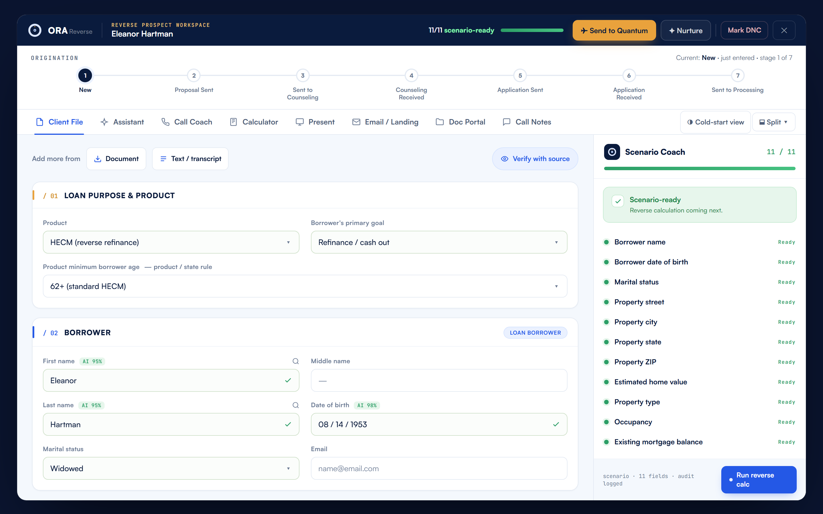 ORA borrower workspace — one full-screen client file with loan purpose, borrower details, and a live scenario-readiness checklist (shown with sample data).