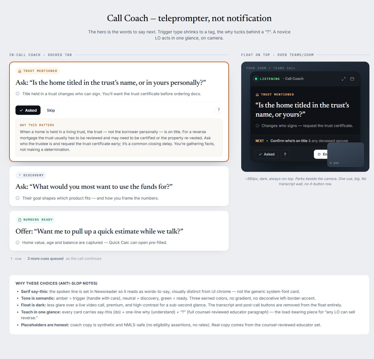 ORA Live Call Coach — glanceable cue cards with what to say and why during a call, on a float-on-top overlay.
